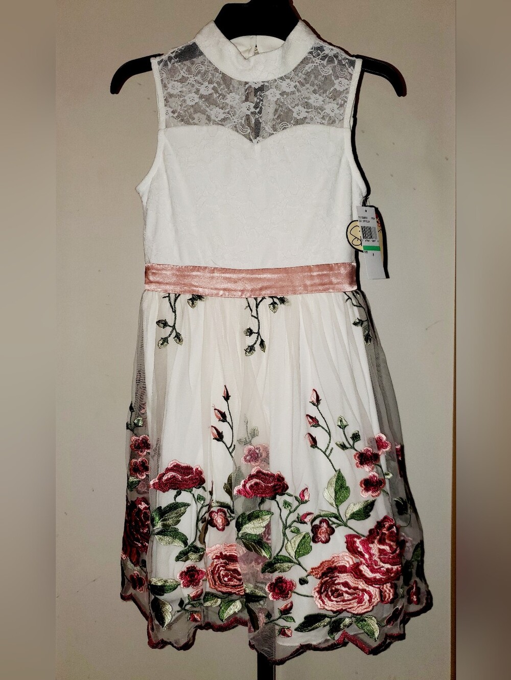 Speechless White Lace Bodice Dress with Pink Floral Embroidery NWT